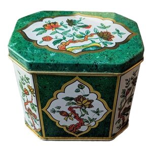 Vintage Octagonal Tea Tin Green w/ Gnarled Branches Design
